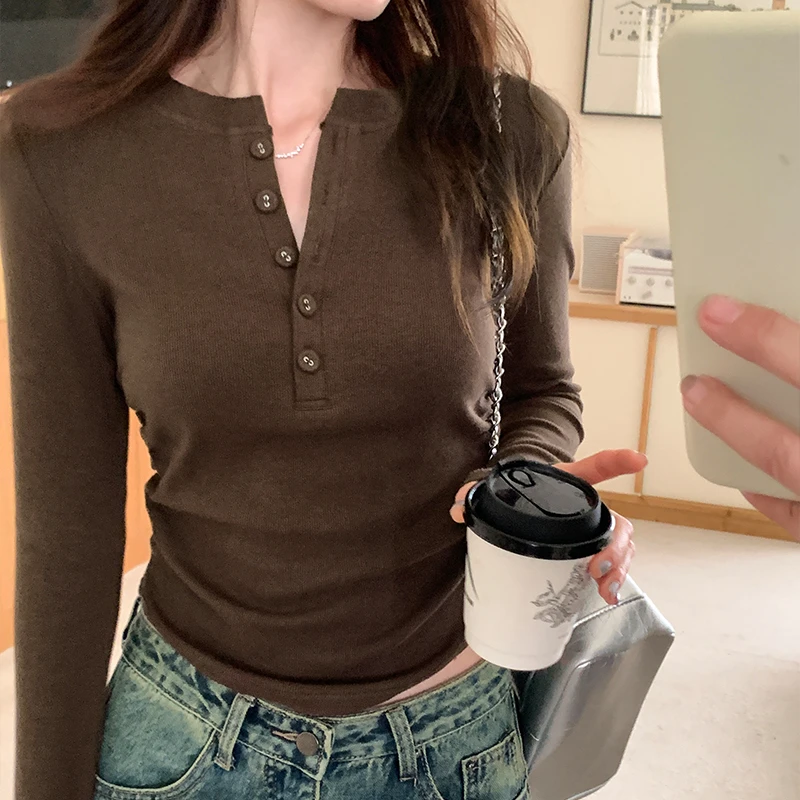 美式复古半开领纽扣T恤女打底衫2025早春美拉德收腰褶皱上衣长袖