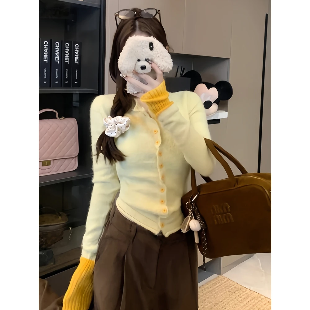 设计感袖口拼接撞色开衫2025春季单排扣针织毛衣女软糯打底衫上衣