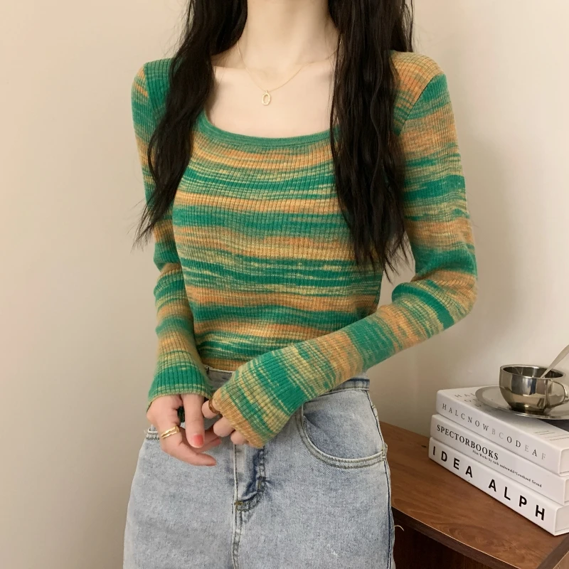 绿色条纹针织打底衫方领长袖内搭女2025初春修身显瘦辣妹撞色上衣