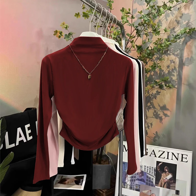 欧货半高领双面磨毛上衣女收腰褶皱打底衫2025年春季长袖T恤内搭