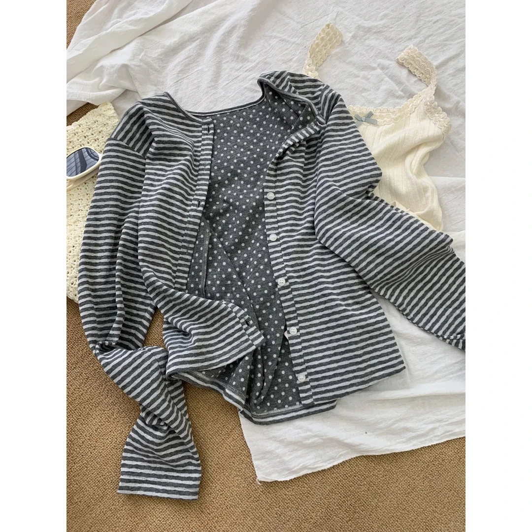 日系减龄条纹波点针织开衫女2025早春双面可穿上衣小个子百搭外套