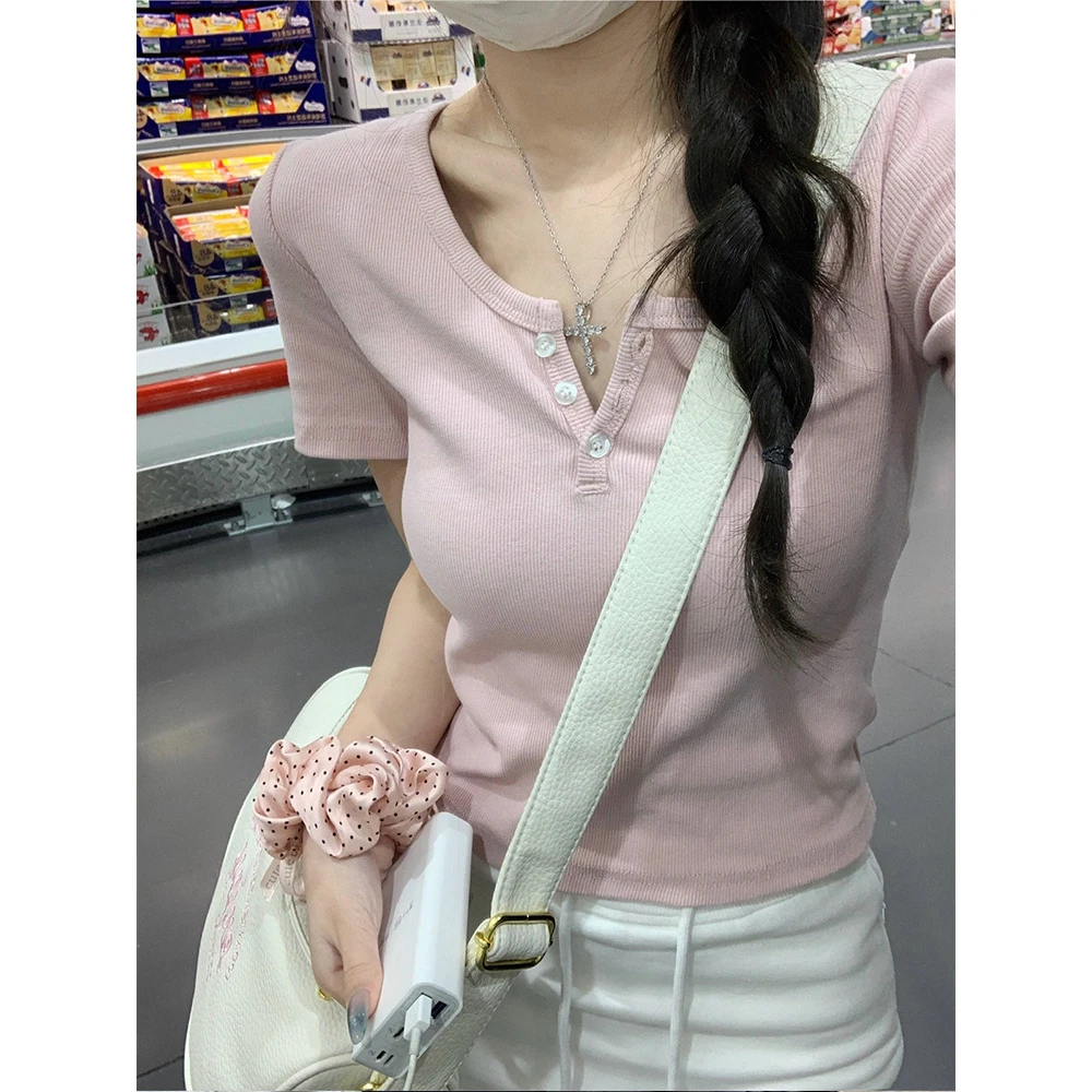 纯欲bm纽扣短袖螺纹T恤女2025夏季修身显瘦简约时尚正肩短款上衣