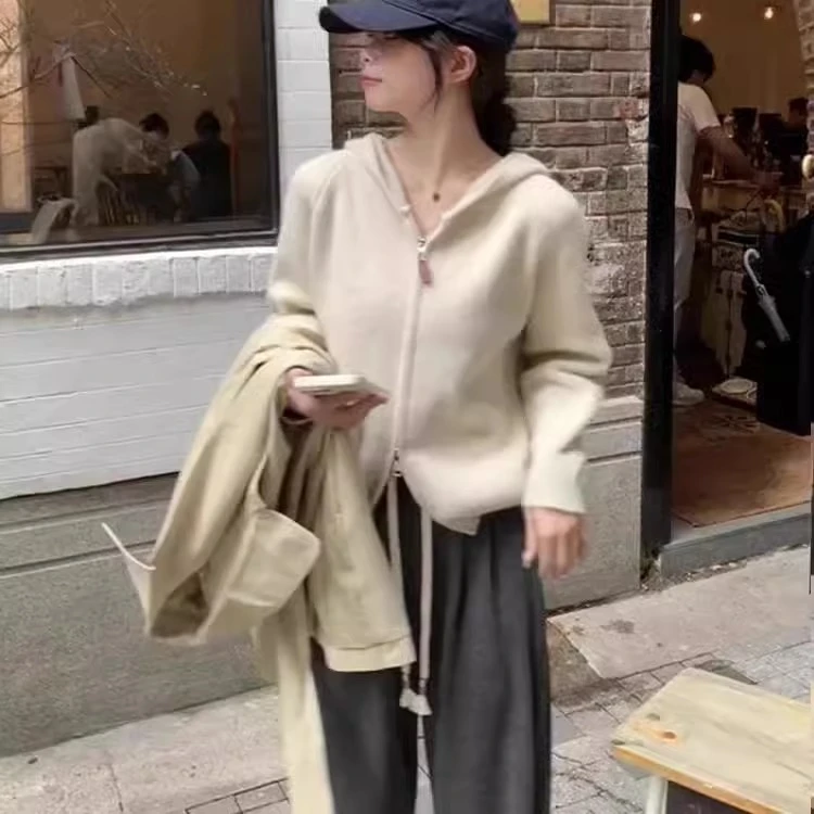 双拉链连帽外套女2025年春季慵懒风chic针织毛衣宽松减龄上衣开衫