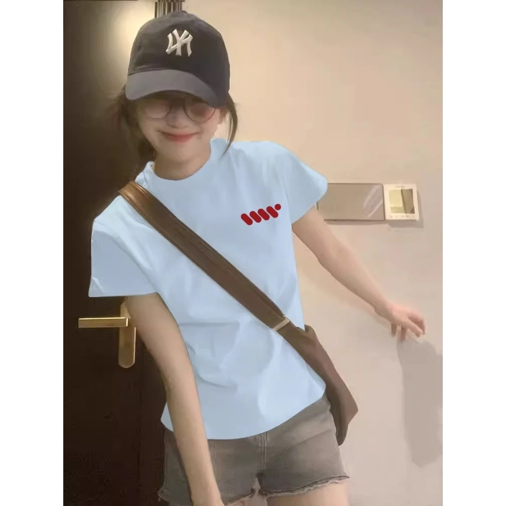 奶蓝色纯棉T恤女多巴胺穿搭2025夏季设计感印花显瘦上衣正肩短袖