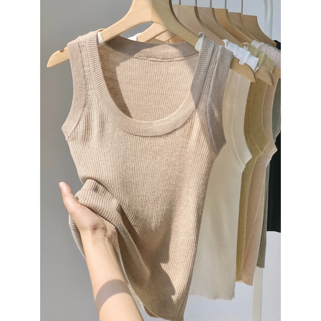 低领薄款针织螺纹小吊带夏季别致U领冰丝西装内搭白色背心女外穿