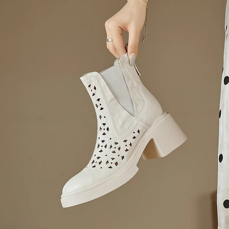 夏季透气马丁靴女厚底镂空凉靴粗跟白色凉鞋复古洞洞切尔西短靴