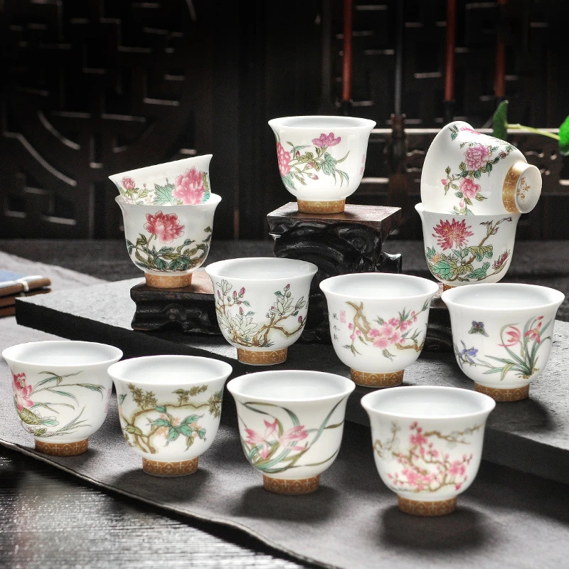 仿古康熙十二花神杯手绘青花斗彩瓷茶杯12只套装景德镇复古茶具
