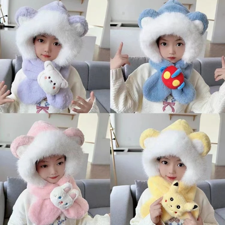 儿童帽子围巾一体冬季卡通女童加厚毛绒护耳帽可爱男孩保暖防风帽