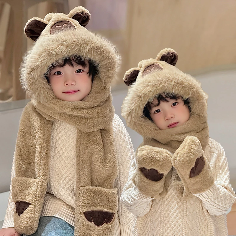 卡皮巴拉帽子儿童围巾一体围脖手套三件套冬季男宝宝冬天保暖男童