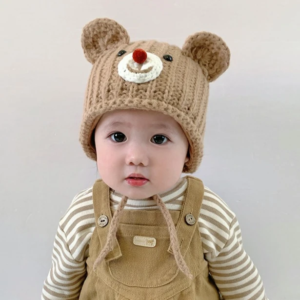 小熊婴儿帽子秋冬季针织套头帽男女儿童宝宝毛线帽保暖护耳帽超萌