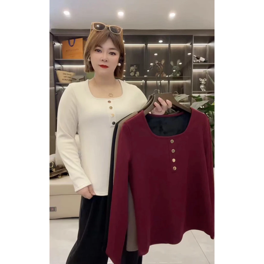 秋冬季长袖打底衫T恤上衣U型领金扣暖宝宝衫(衣长65左右）