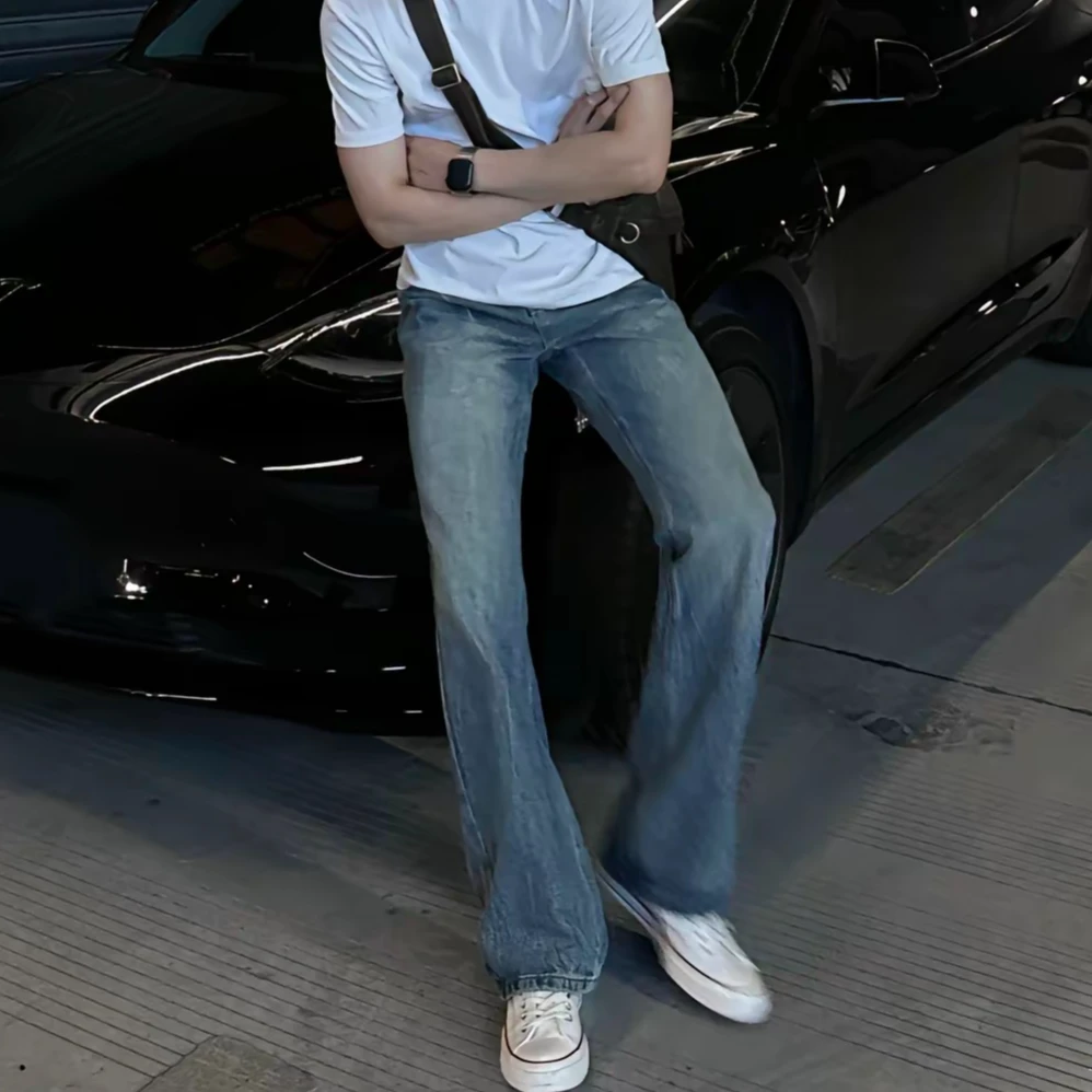 ⚡美式闪电牛/ 闪电爆裂纹牛仔裤 高腰潮流直筒微喇牛仔裤蓝色