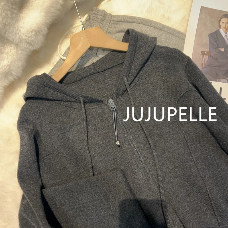 桑蚕丝+绵羊毛~秋冬新款洋气百搭鱼骨拉链帽开衫针织衫女显瘦外套