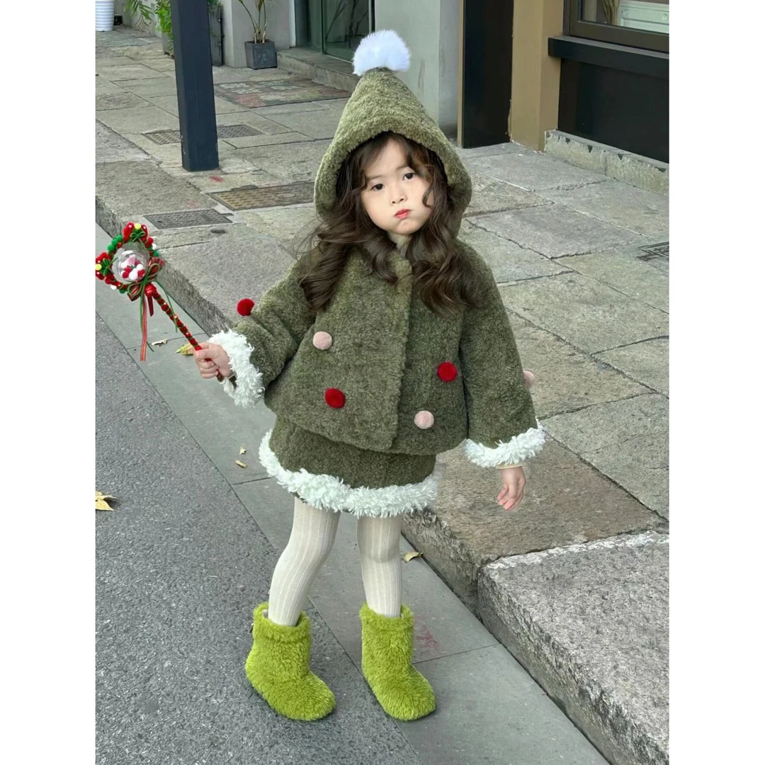 韩国童装2024秋冬新款圣诞绿色套装儿童保暖夹棉连帽斗篷外套半裙