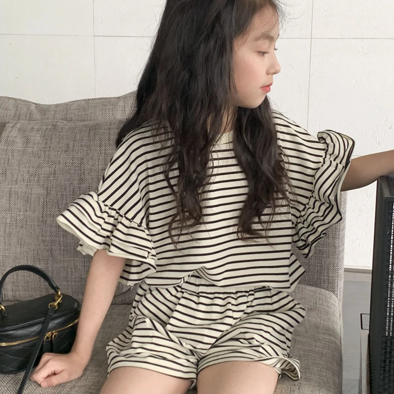 LEOHAPPY女童套装2023新款儿童短袖t恤条纹短裤中大童休闲长裤