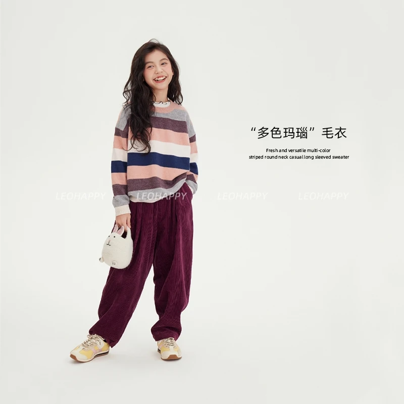 LEOHAPPY【多色玛瑙】清新百搭多色条纹圆领休闲长袖毛衣