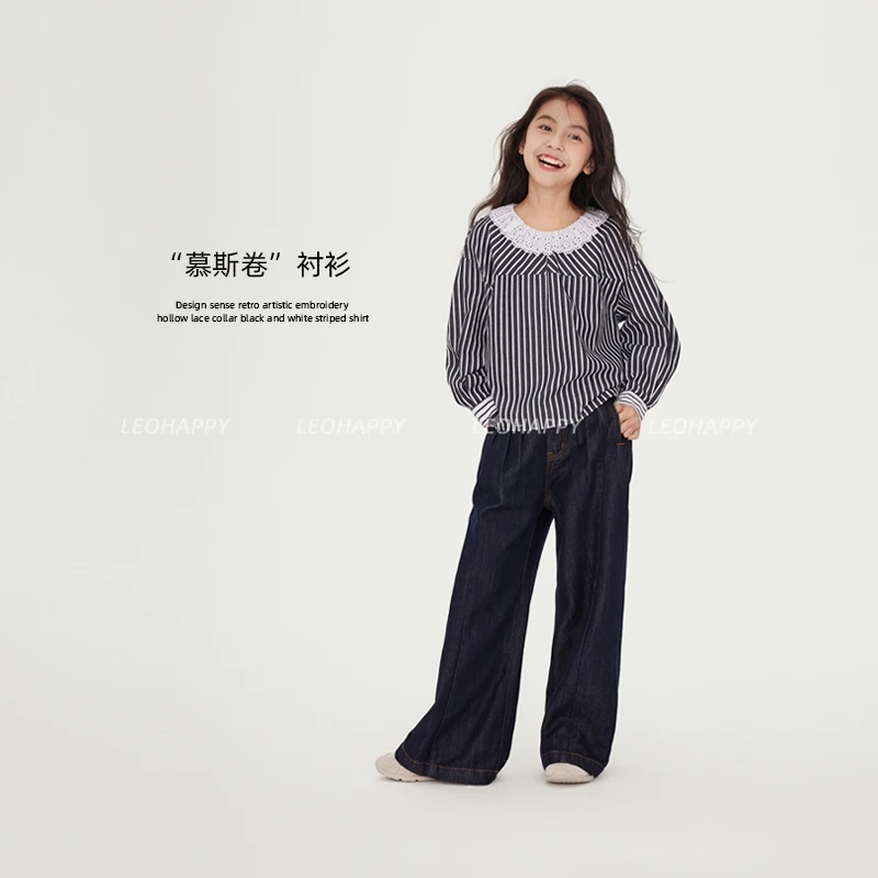 【慕斯卷】小众设计感复古文艺刺绣镂空花边领黑白条纹衬衫