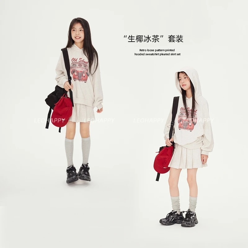 【生椰冰茶】韩版美式复古宽松图案印花连帽卫衣百褶裙套装