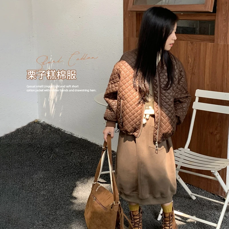 【栗子糕】 休闲宽松小菱格轻柔短款棉服橡筋抽绳下摆百搭夹克外套