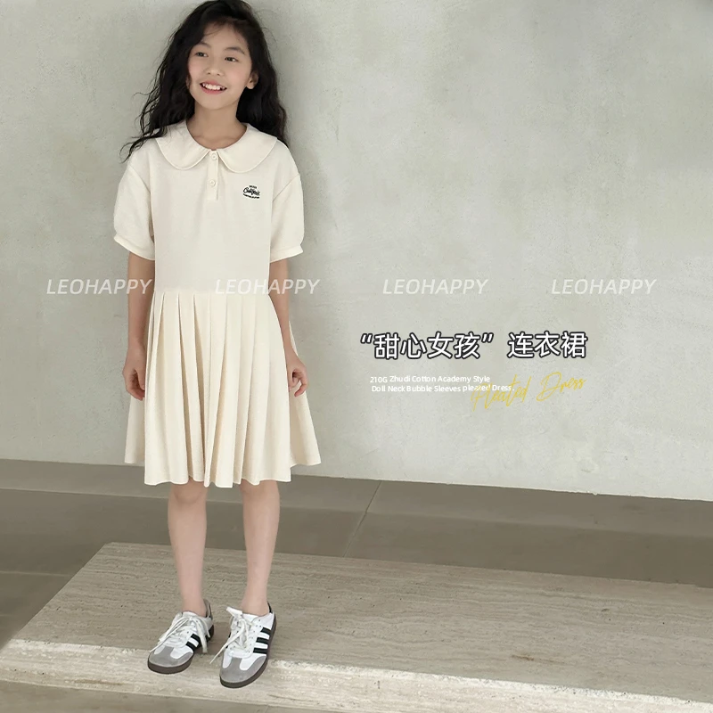 【甜心女孩】210G珠地棉学院风娃娃领泡泡袖百褶连衣裙