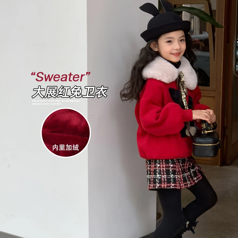 LEOHAPPY【大展红兔】新年款秋冬加绒加厚宽松兔子绣花开红卫衣5