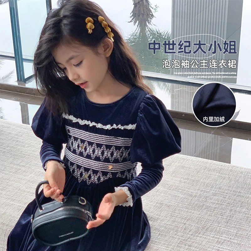 LEOHAPPY【中世纪大小姐】大童加绒打揽钉珠丝绒泡泡袖公主连衣裙