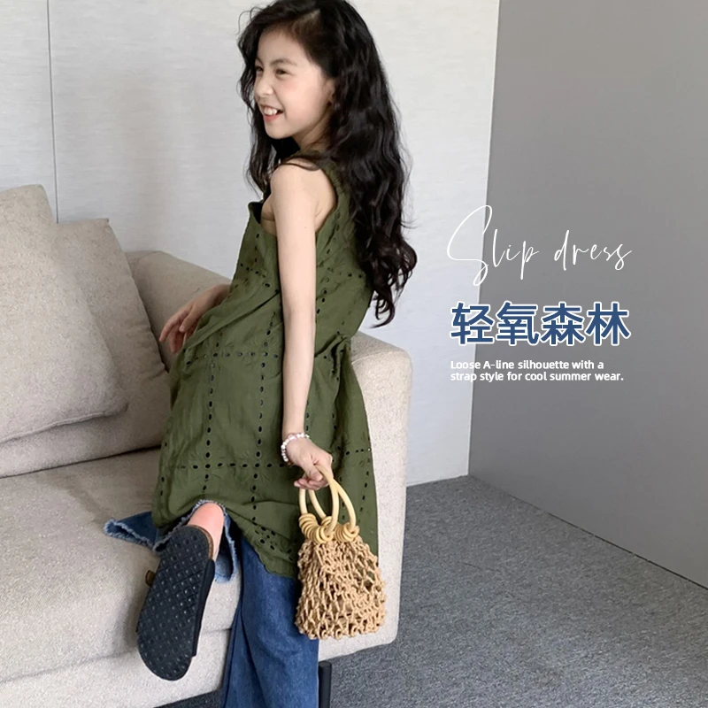 女童夏季背心吊带外穿中长款儿童无袖衫A摆开叉中大童洋气上衣