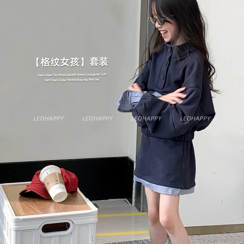 【格纹女孩】韩版复古假两件泡泡袖格子袖口半开领卫衣 包臀裙套装