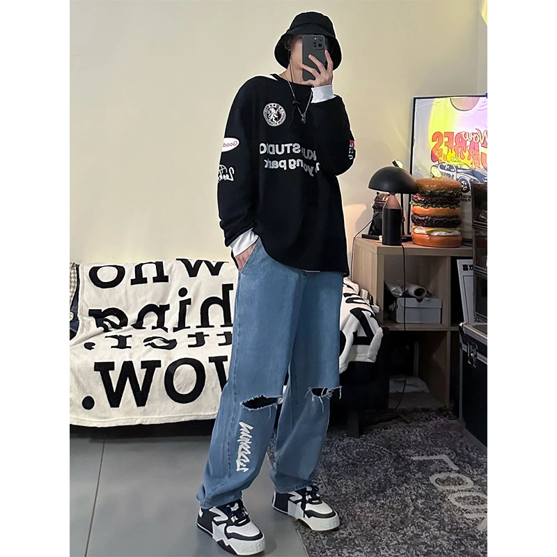 物空LOOKUN潮流休闲高街破洞牛仔裤韩版长裤印花直筒裤百搭阔腿裤
