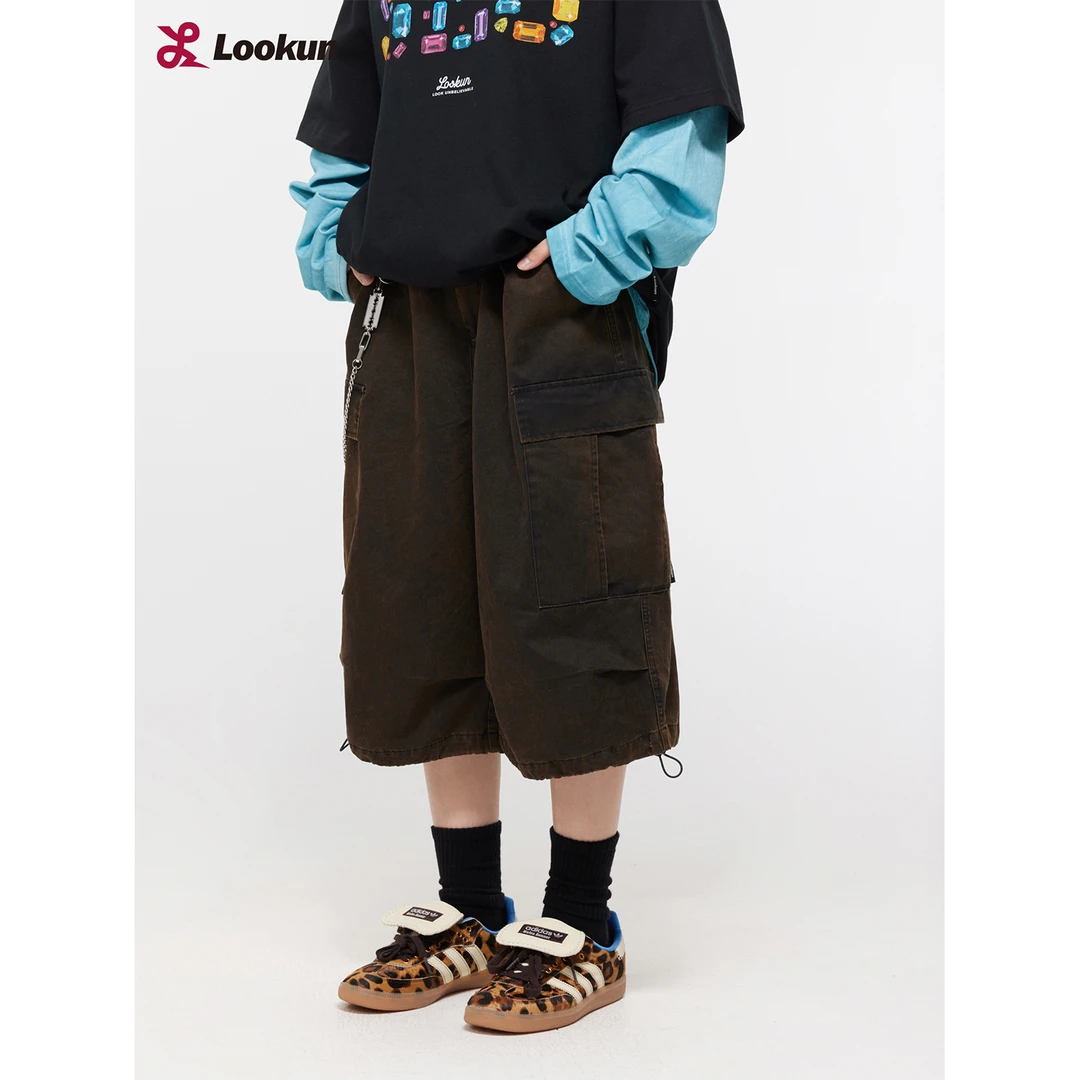 LOOKUN休闲裤美式直筒水洗做旧褪色风格夏季宽松情侣百搭潮流短裤