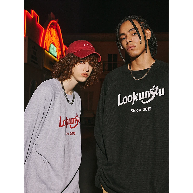 Lookun字母印花美式复古t恤华夫格长袖打底衫宽松百搭情侣同款