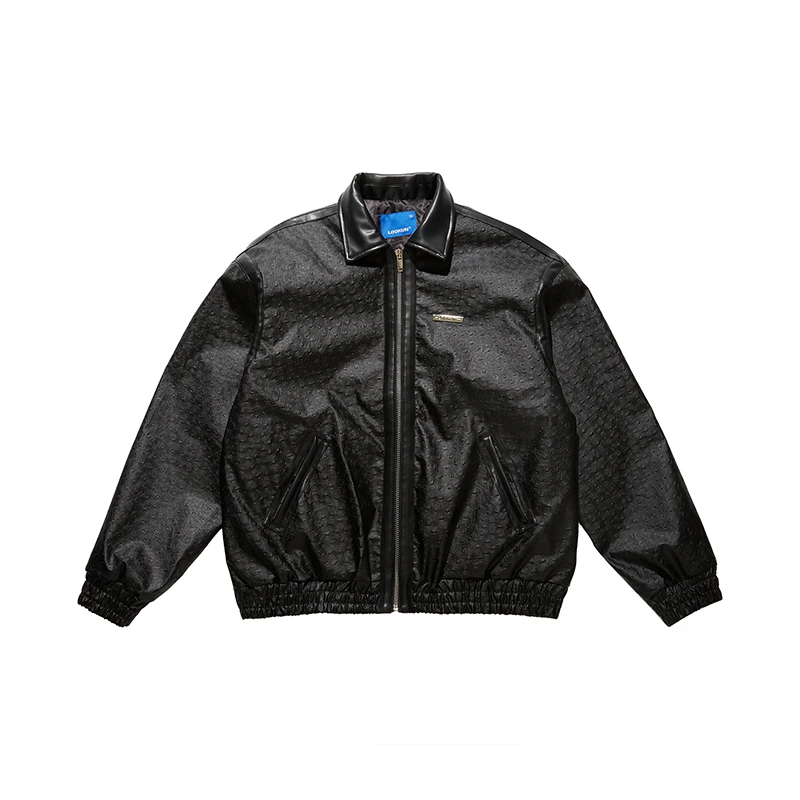 物空LOOKUN纯色基础设计款皮衣机车服宽松夹棉夹克情侣同款