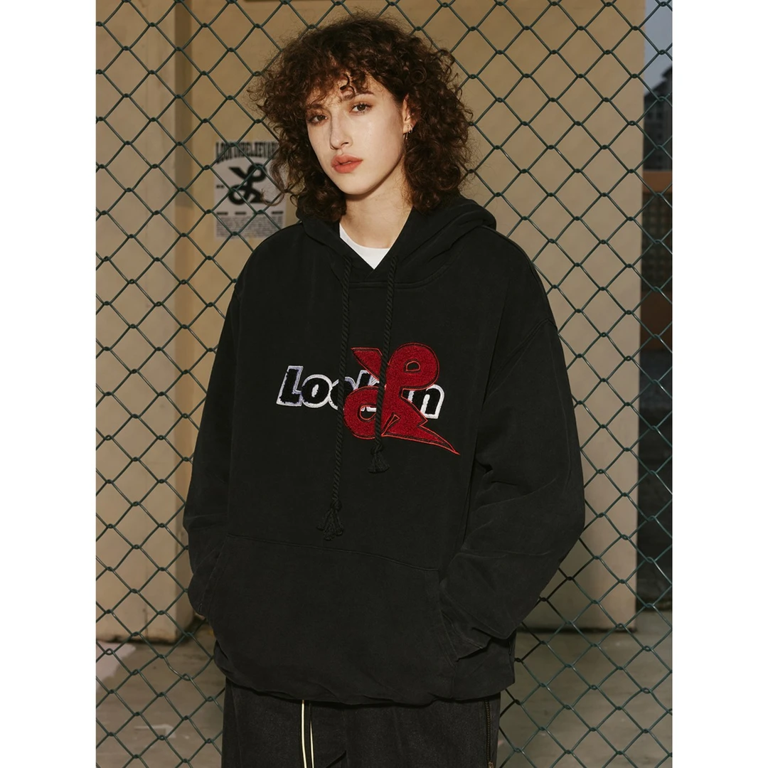 物空LOOKUN潮牌秋冬宽松街头字母植绒不加绒连帽卫衣男女同款