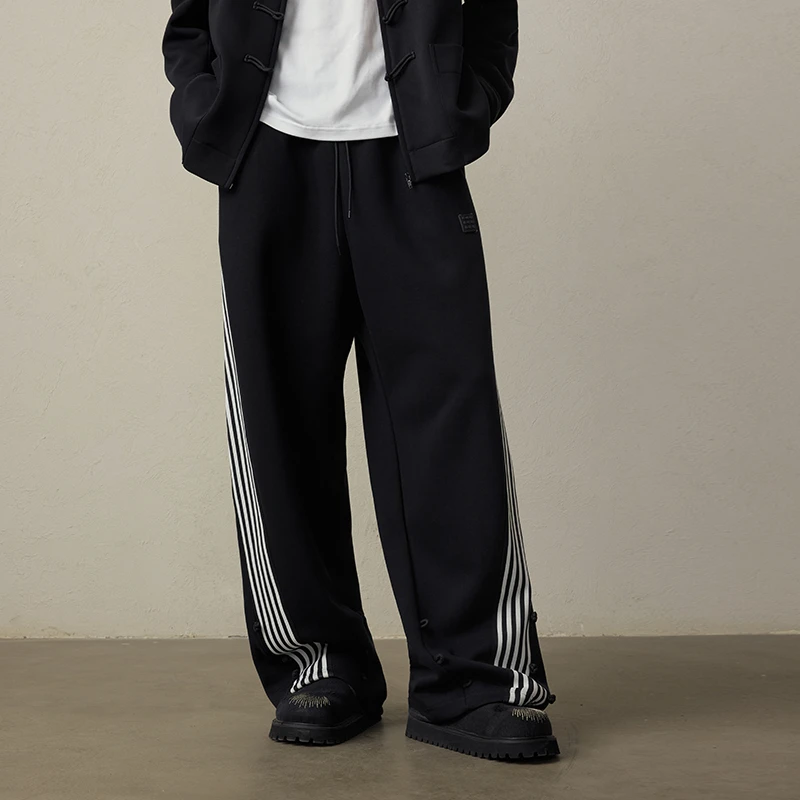 Lookun春秋新中式休闲裤斜条纹复古显腿男士情侣百搭潮流黑色长裤