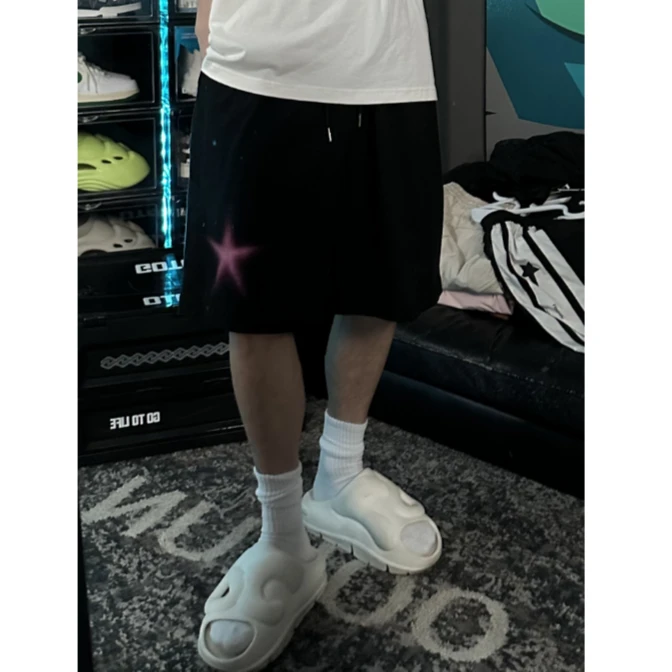 物空LOOKUN潮牌星星印花纯色短裤夏季宽松直筒五分裤男女情侣款