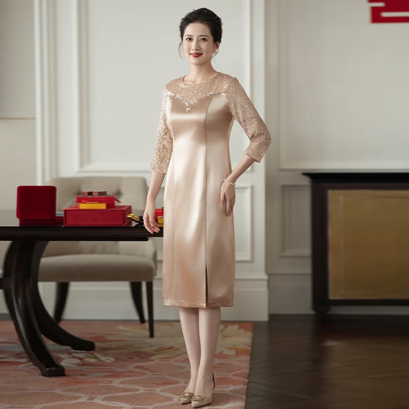 金色高档喜婆婆旗袍婚宴装喜妈妈夏装婚礼服装结婚妈妈装连衣裙秋
