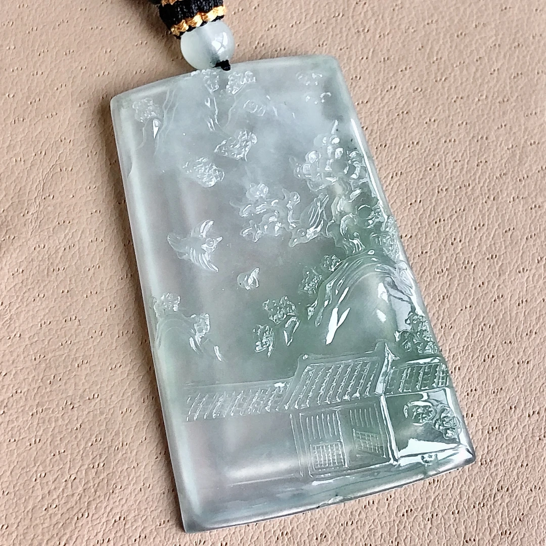 天然A货缅甸翡翠冰透飘绿山水牌吊坠尺寸50.3/32/4.9精雕男士精美