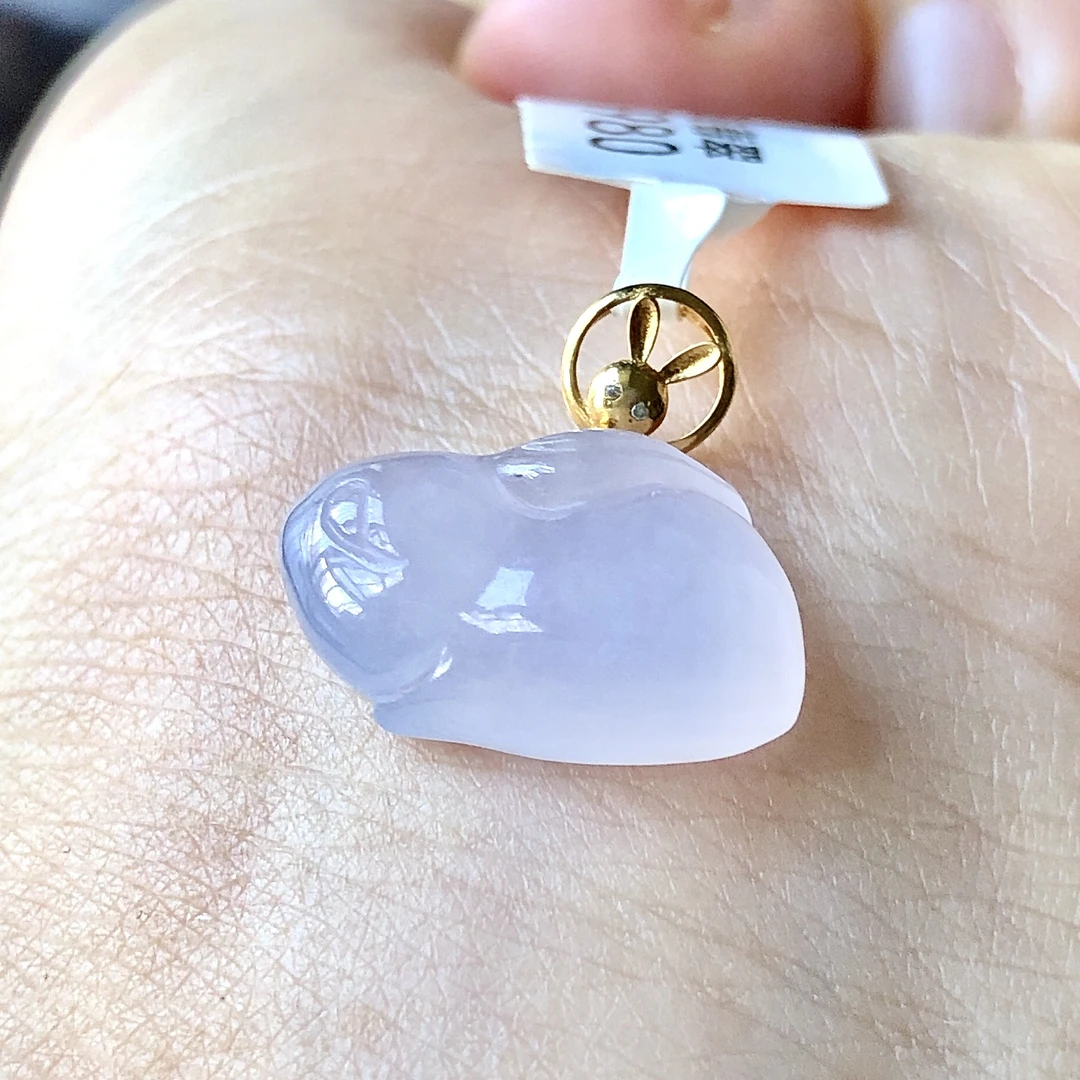 天然A货缅甸翡翠老坑冰种紫罗兰玉兔吊坠18k金扣头裸石16.3/10/5