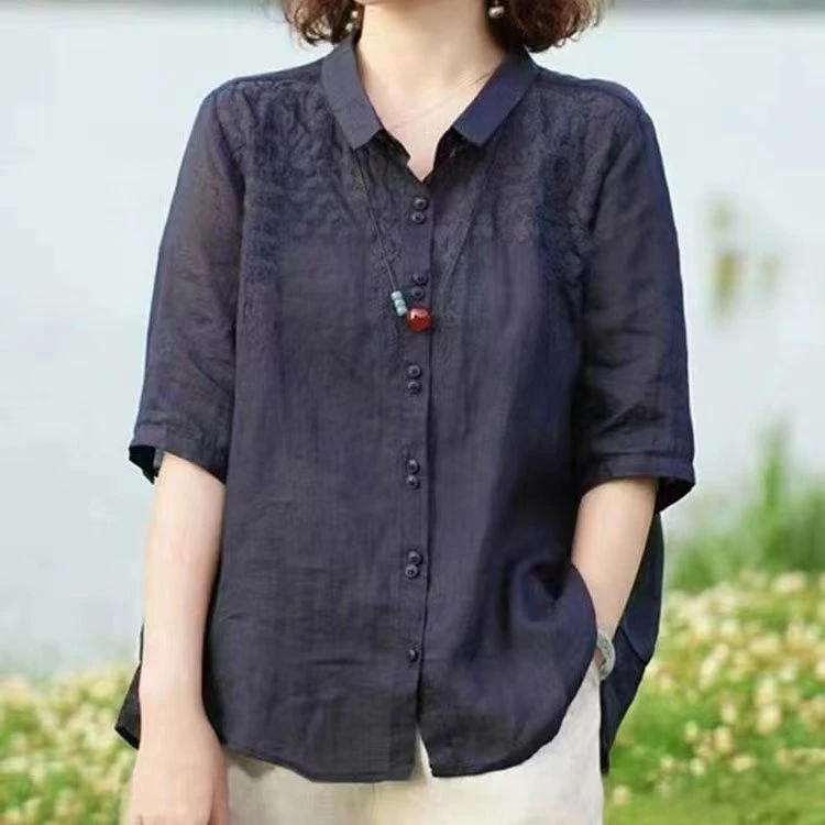 2024夏季文艺新款刺绣宽松百搭上衣洋气时尚