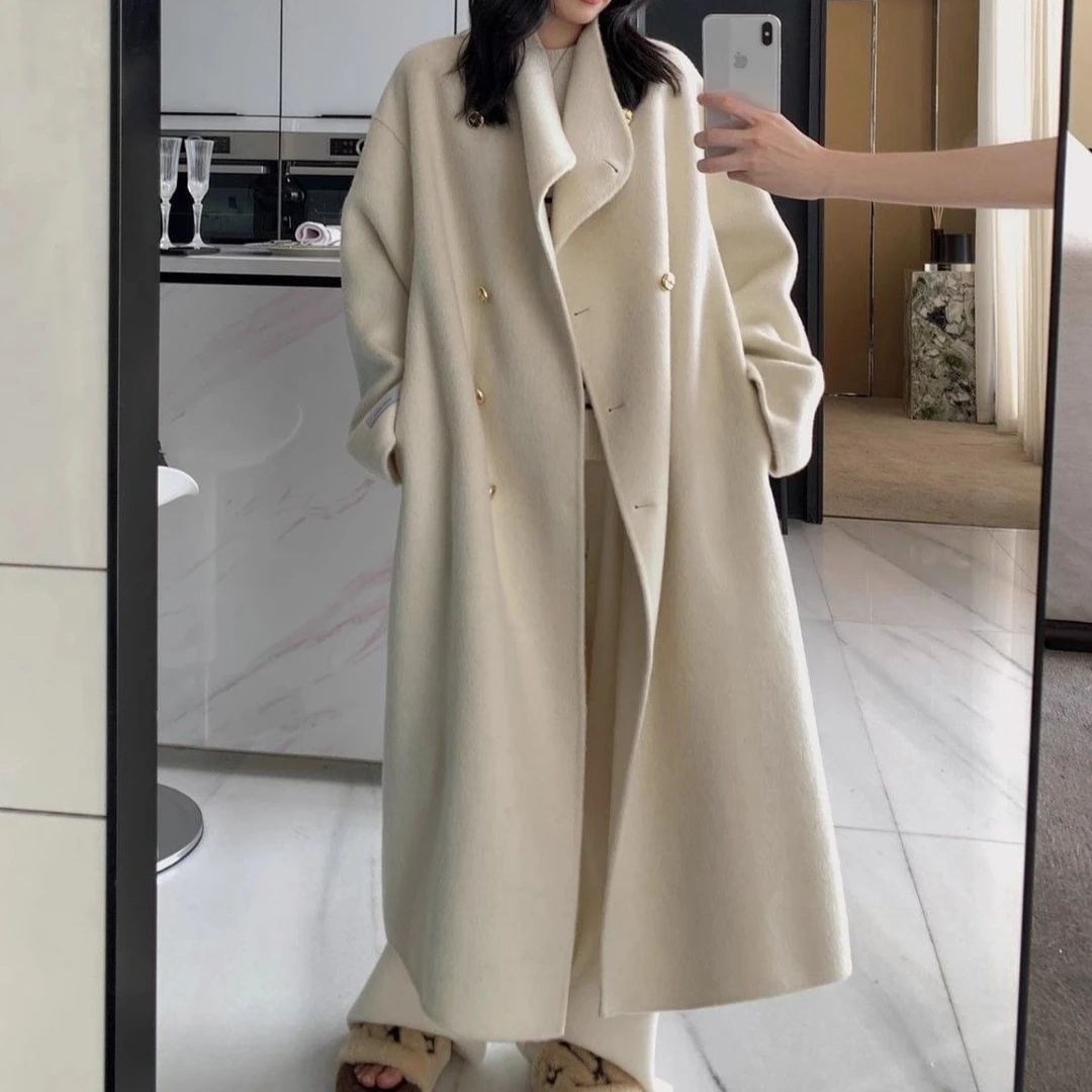 2024秋冬季新款灰色双面大衣女中长款韩系宽松高级感毛呢外套