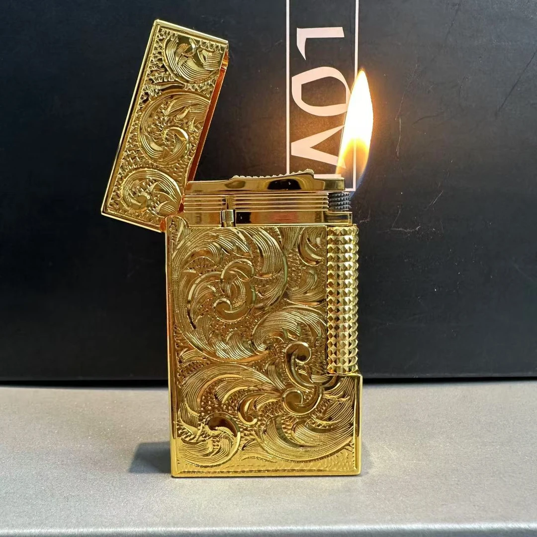 calories卡路唐草双火防风雕刻纯铜充气朗声钢音侧滑打火机精雕