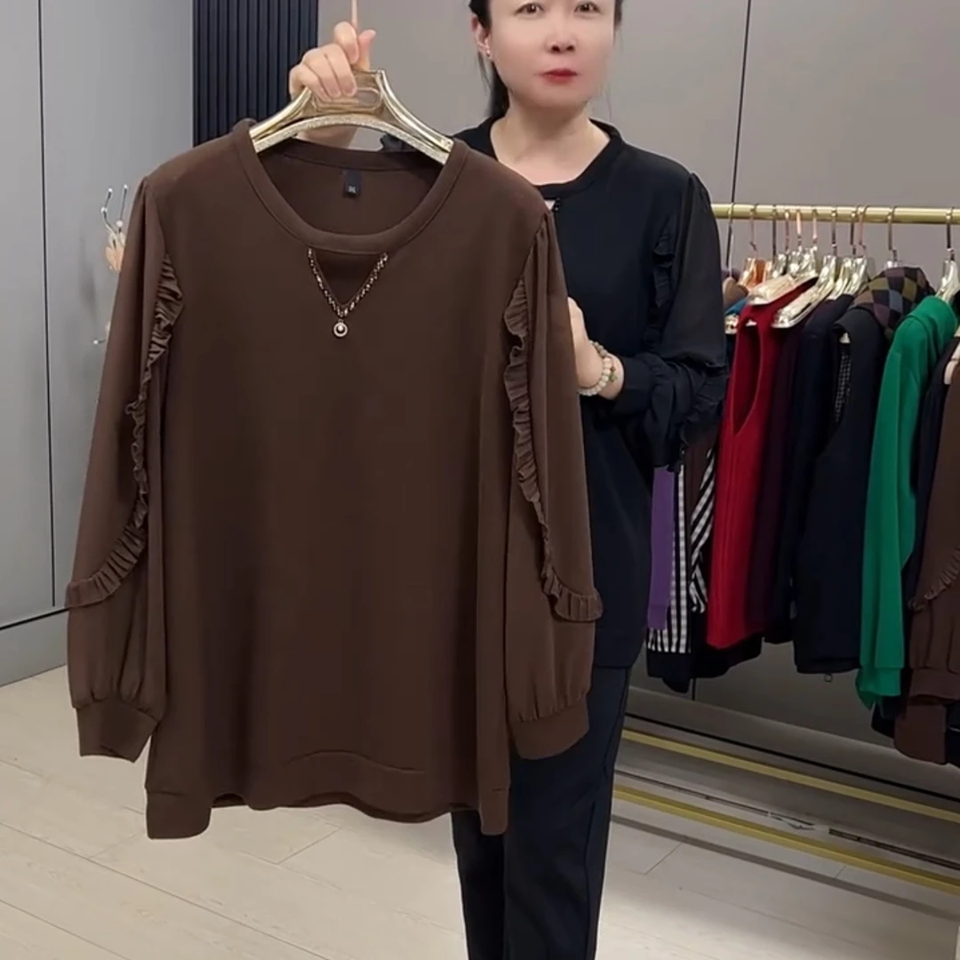 2855*早秋新款大码女装遮肉显瘦V领时尚菲边长袖衫