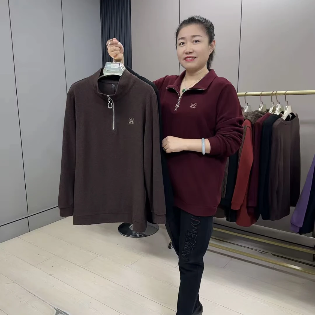 1630*大码时尚百搭半拉链立领气质宽松套头洋气减龄长袖上衣