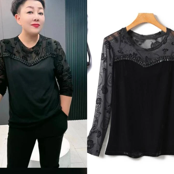2461*新款大码女装遮肉显瘦园领时尚网纱蕾丝镂空提花长袖上衣衫