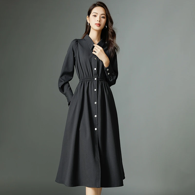 晚白春新款时尚简约气质裙子休闲纯色翻领衬衫连衣裙24081250