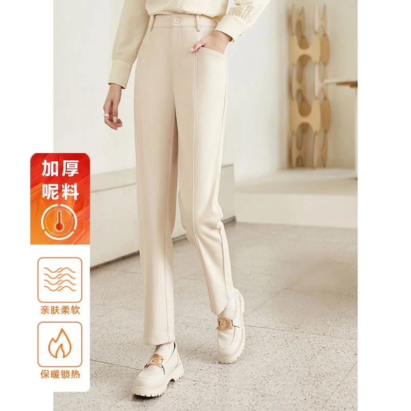 晚白新款高腰加厚通勤西裤直筒显瘦减龄毛呢休闲裤女23060616