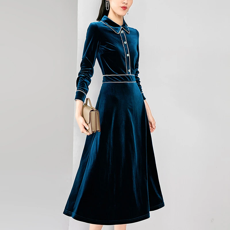 晚白秋季超显瘦时尚翻领修身气质复古长裙丝绒A字连衣裙22081351