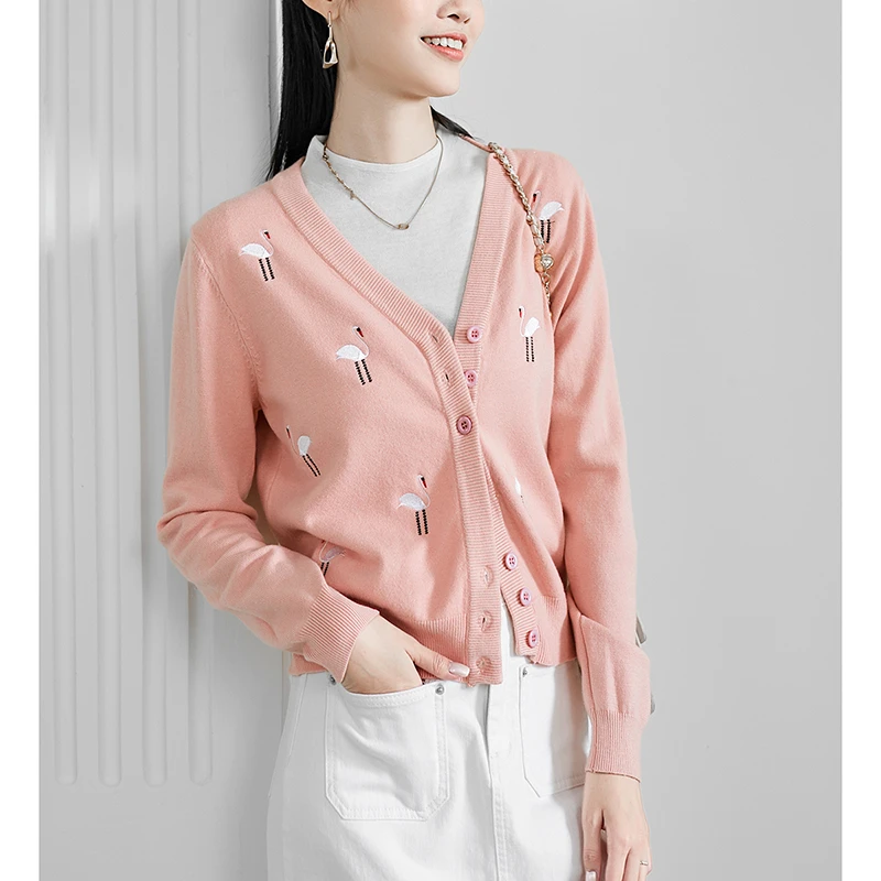 晚白春季新款碎花外套时尚减龄V领长袖休闲针织开衫女23051026