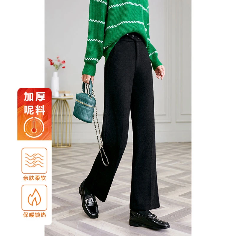 晚白冬季新款纯色长裤简约百搭休闲高腰宽松直筒裤子女23091655