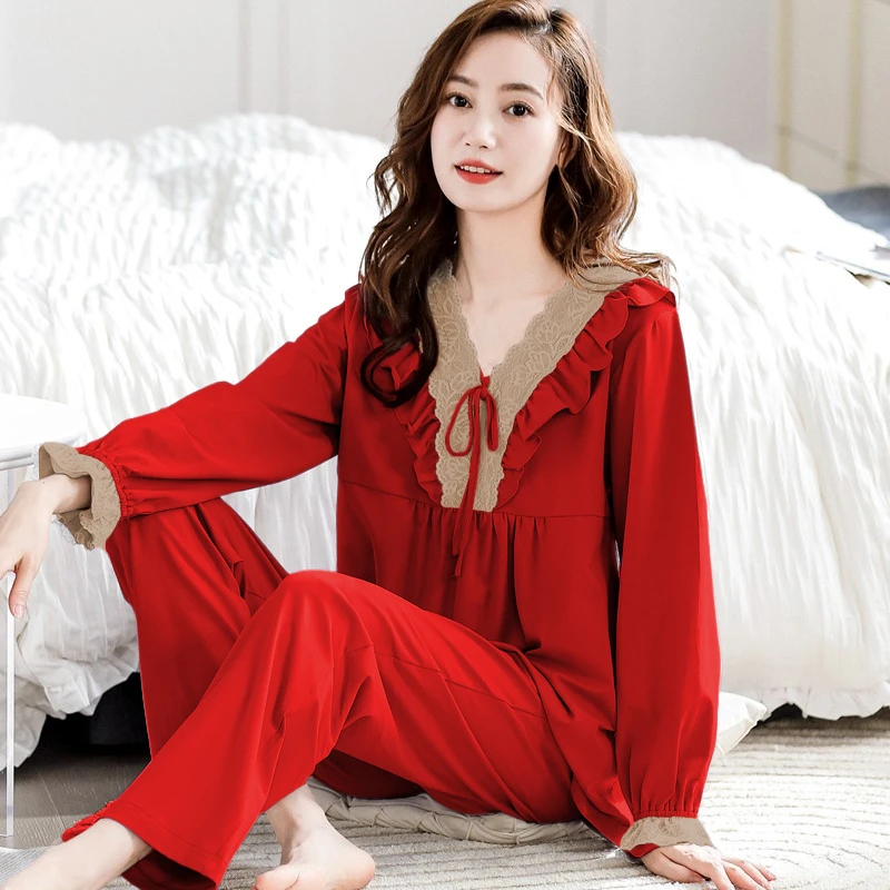 大红色睡衣女套装春秋纯棉长袖秋季女士宽松大码高颜值网红家居服